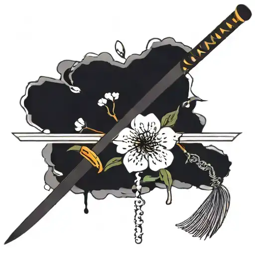 Japanese Katana With Japanese Cherry Blossoms Made In Blackwork And Dotwork Details