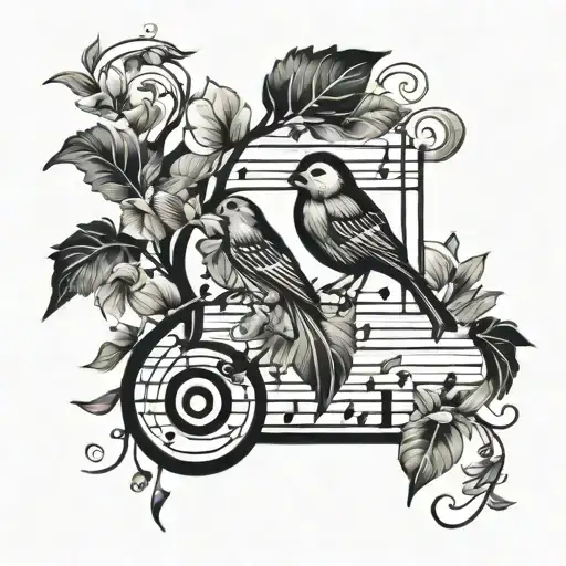 A Stylized Sheet Music Tattoo Incorporating Elements Of Nature Like Trees And Birds