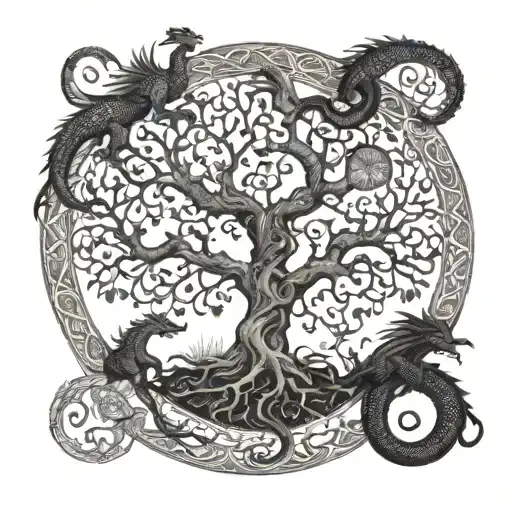 A Family Tree Of Life With Intricate Dragon Designs Intertwined Within The Branches