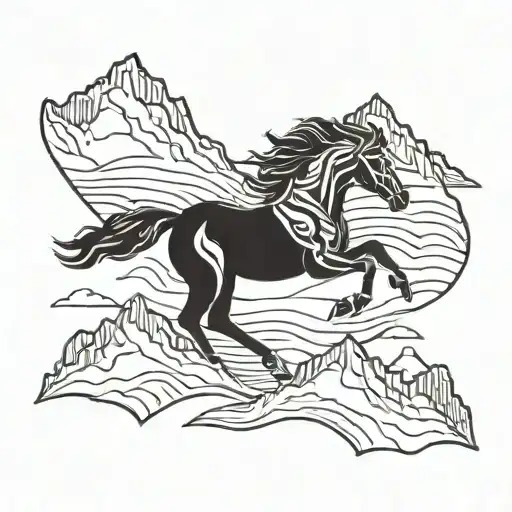 A Stylized Blackwork Pattern Of A Horse Jumping Over Mountain Peaks