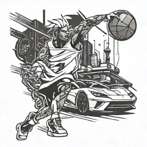 A Futuristic Anime Character Playing Basketball With A Sleek Sports Car In The Background