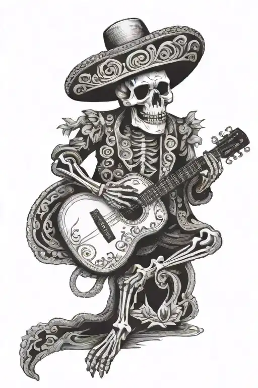 Skeleton In Traditional Mexican Clothes Holding A Guitar