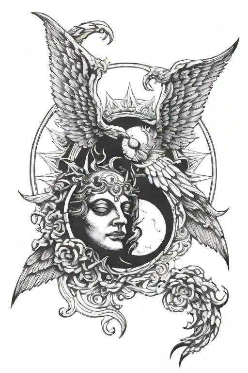 Angel And Demon Wings With Moon And Sun Setting