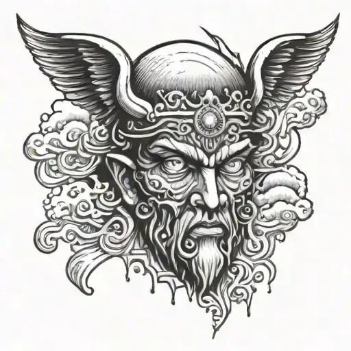 Zues With Lighting Eyes And Blue Eyes With Clouds And Rain With Bible Scripture