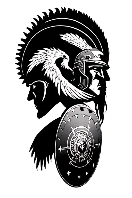 Spartan In Profile Holding A Shield With A Phoenix Drawn On It In His Hand
