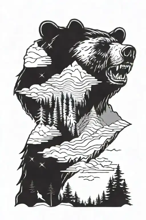 Bear Head With Trees And Mountains