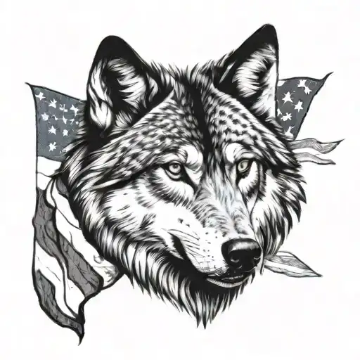 Realistic Wolf Head With American Flag Background Black And White