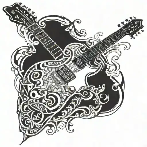A Tattoo Design Combining A Guitar And Architectural Elements