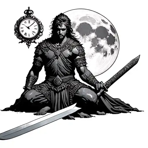 Warrior Holding A Sword On His Knees With The Moon On The Back With Clock Representing Time