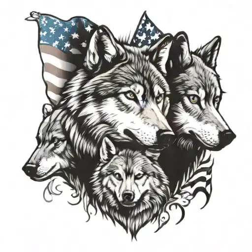 3 Wolves Heads Looking Intense With American Flag Background