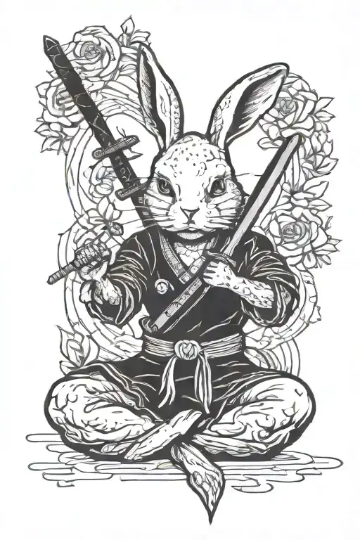 Rabbit In Lotus Position With Katana Behind His Back