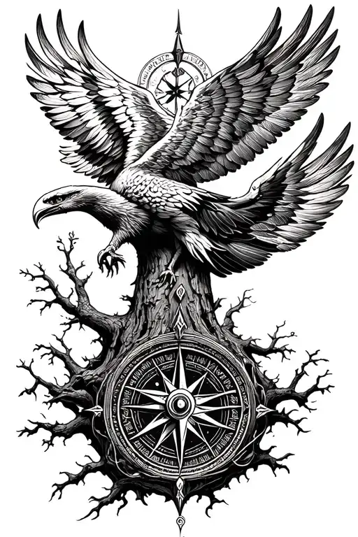 Vegvisir Viking Compass On A Tree Of Life Carried By Wings Of Eagles