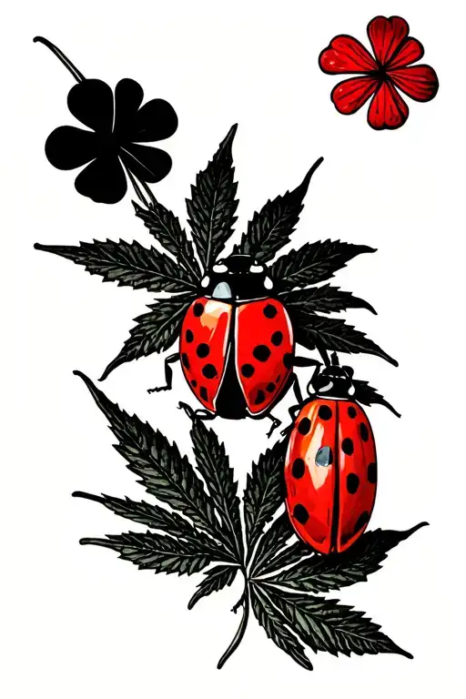 Small Realistic Ladybug With Shadows Sitting On Marijuana Leaf Intertwined With Red Dutch Clovers