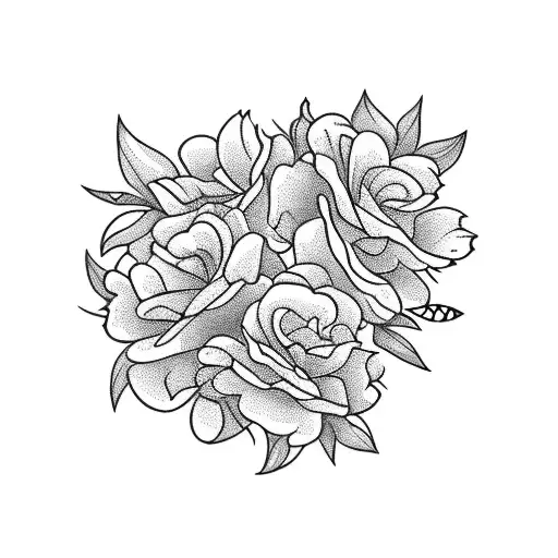 A Blackwork Tattoo Of A Floral Arrangement With Pink Roses And White Daisies
