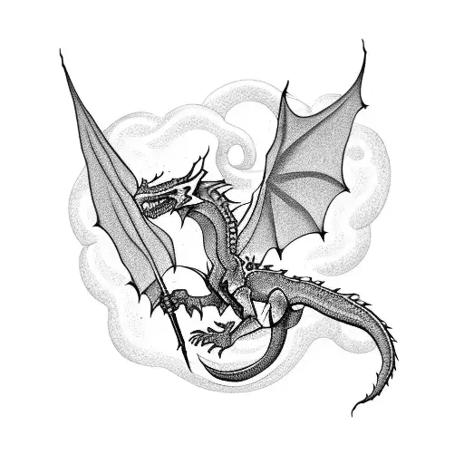 A Blackwork Tattoo Of A Majestic Dragon Surrounded By Elements Of Rock Music
