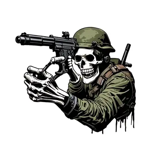 A Soldier In Battle Turning Into A Skeleton Hand Holding A Machine Gun