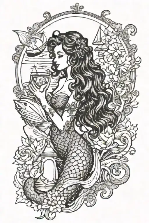 A Mermaid With Curls Holds A Vase In Her Hands And In The Background Is A Ship