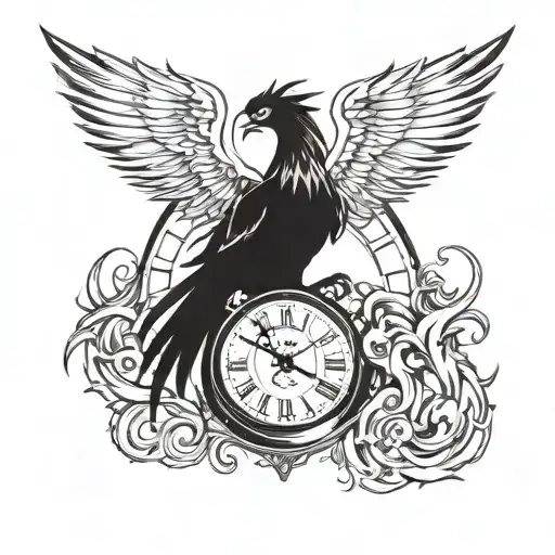 Arm Tattoo Of A Evil Black Phoenix In Flames Which Has A Black Clock Included In Its Tail