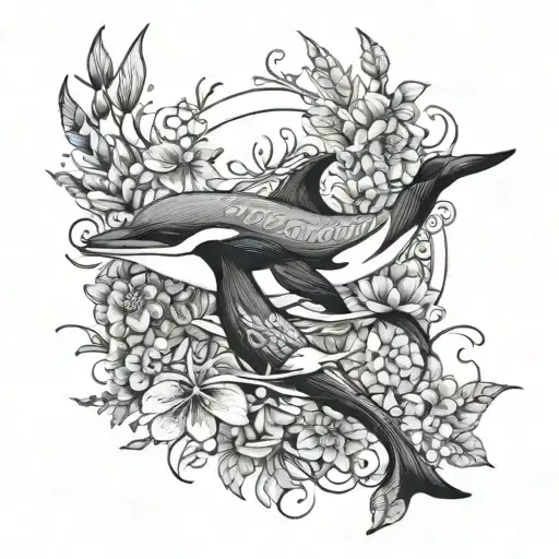 Dolphin And Orca And Hummingbird And Dragonfly And Feather And Flowers