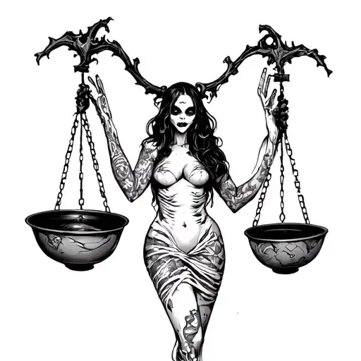 A Scary Girl In A Ripped Sexy Dress Who Holds Scales With Bowls In Her Hands