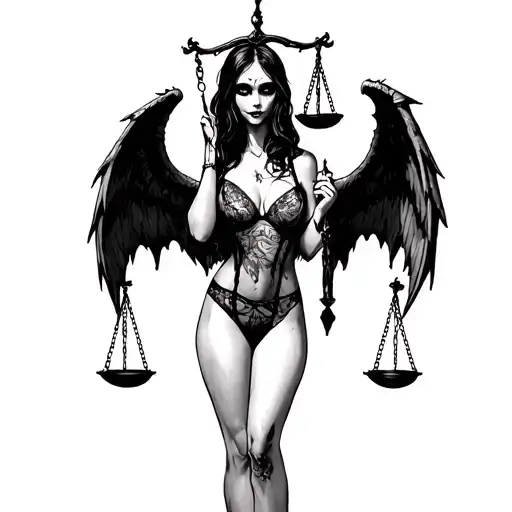 Scary Girl In Sexy Lingerie With Demon Wings Holds Scales Of Justice