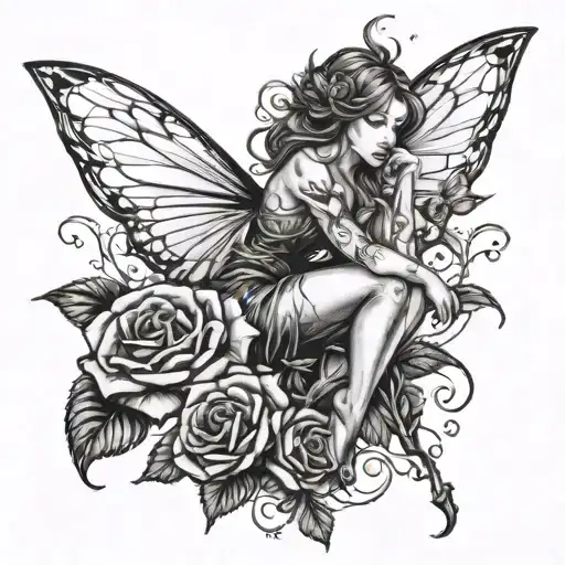 Fairy Leaning On The Stem Of A Rose