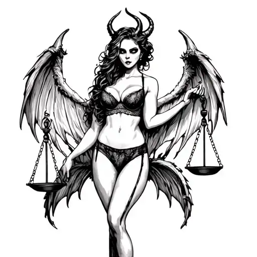 Scary Girl In Sexy Lingerie With Demon Wings Holds Scales Of Justice