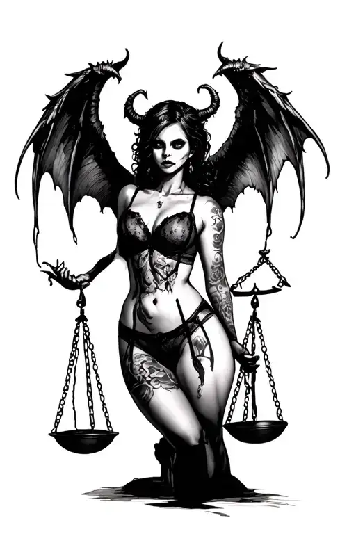 Scary Girl In Sexy Lingerie With Demon Wings Holds Scales Of Justice