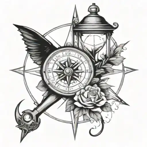 Compass Rose With Hourglass Inside Surrounded By Adventure
