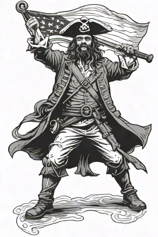 Fat Pirate Captain Silhouette Holding A Flag With Eagle Head In One Hand And A Cutlass In The Other