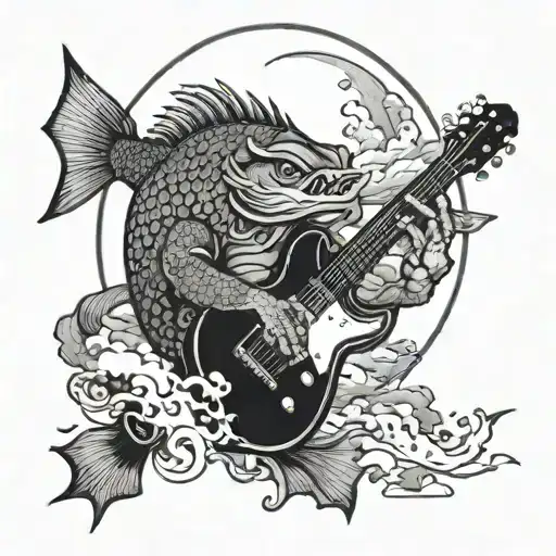 A Demonic Zander Fish Playing A Guitar Under A Moonlit Sky Surrounded By Clouds