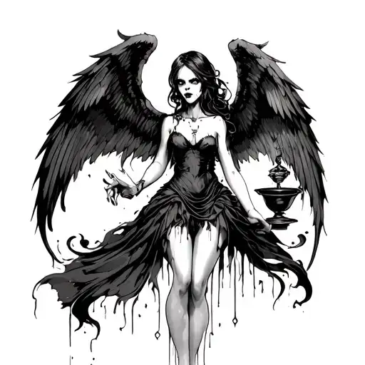 A Scary Girl With Wings In A Sexy Torn Dress Holds A Censer In Her Right Hand