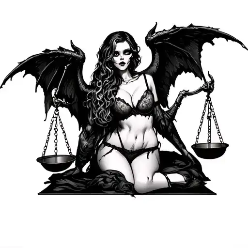 Scary Girl In Sexy Lingerie With Demon Wings Holds Scales Of Justice