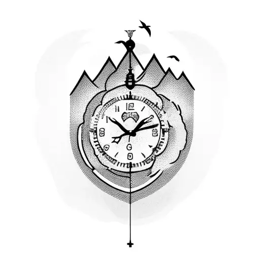 Mountains And A Clock With Doves And A Cross