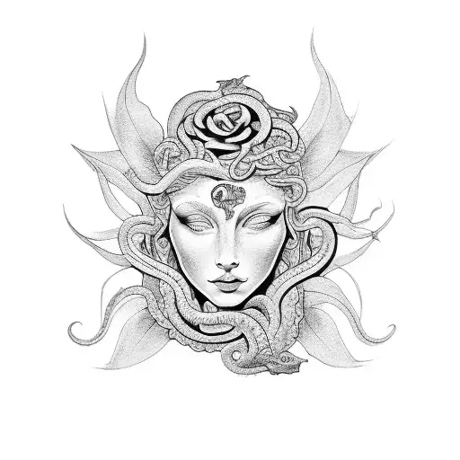 A Tattoo Design Featuring A Medusa Figure Surrounded By Symbols Of Empowerment And Love