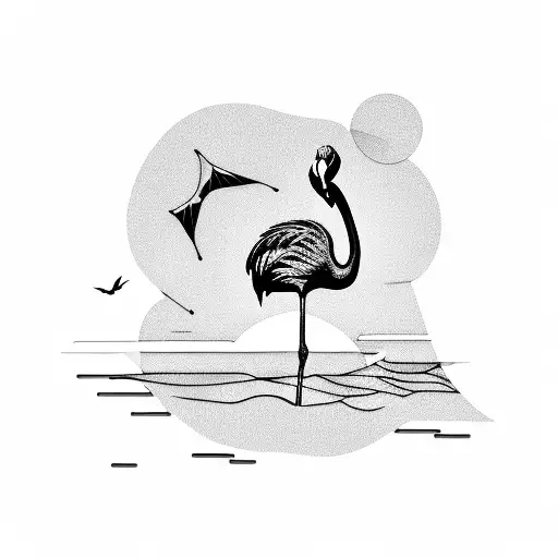 A Flamingo Silhouette Walking Along A Beach Shoreline