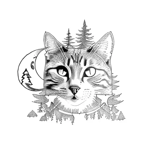 Tattoo Forest With Moon In Window And Looking On This Cat