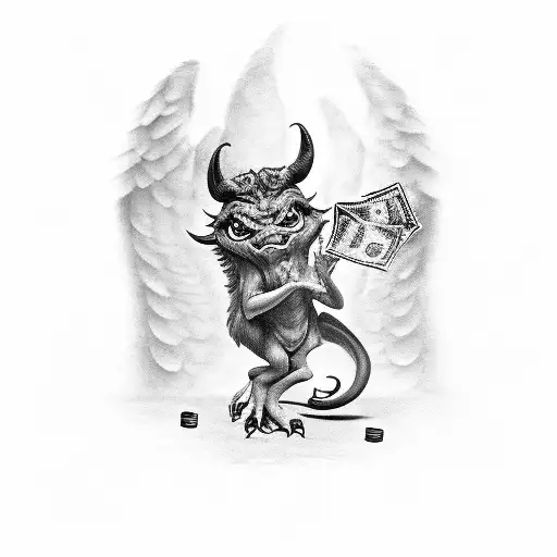A Devilish Creature Counting Money With Angelic Beings Watching In Awe