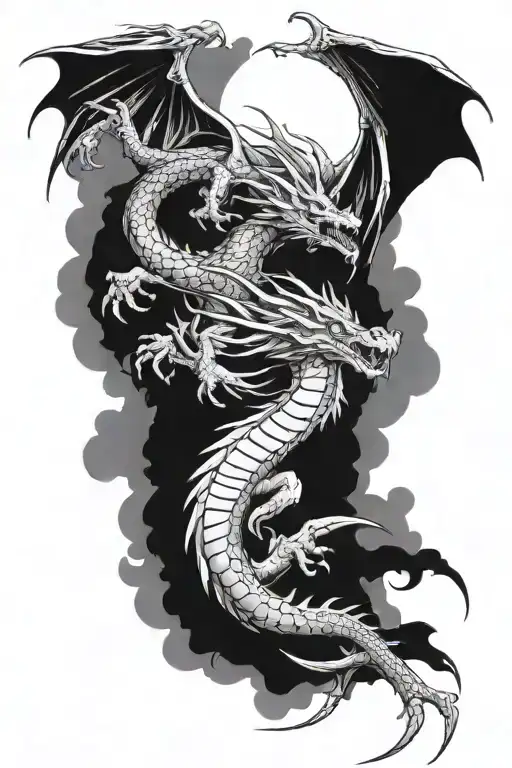 Sketch Of A Tattoo Of A Detailed Dragon Flying Upward