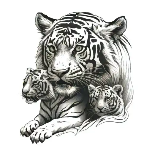 One Male Tiger Watching Over Two Cubs Playing