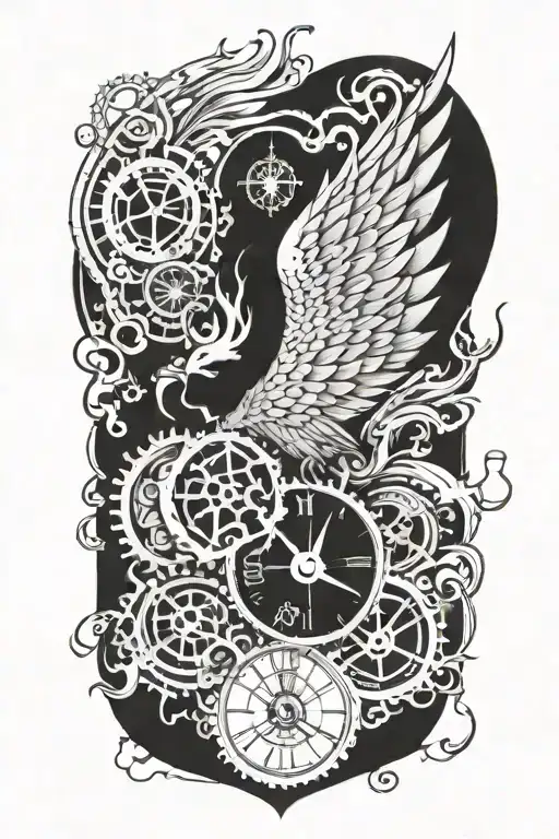 A Phoenix Engulfed In Flames Made Of Clock Gears And Hourglasses