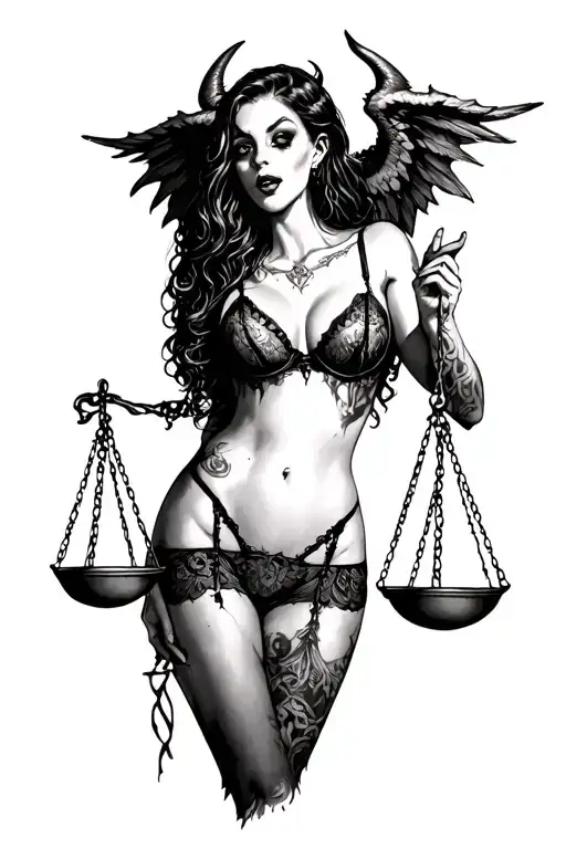 Scary Girl In Sexy Lingerie With Demon Wings Holds Scales Of Justice