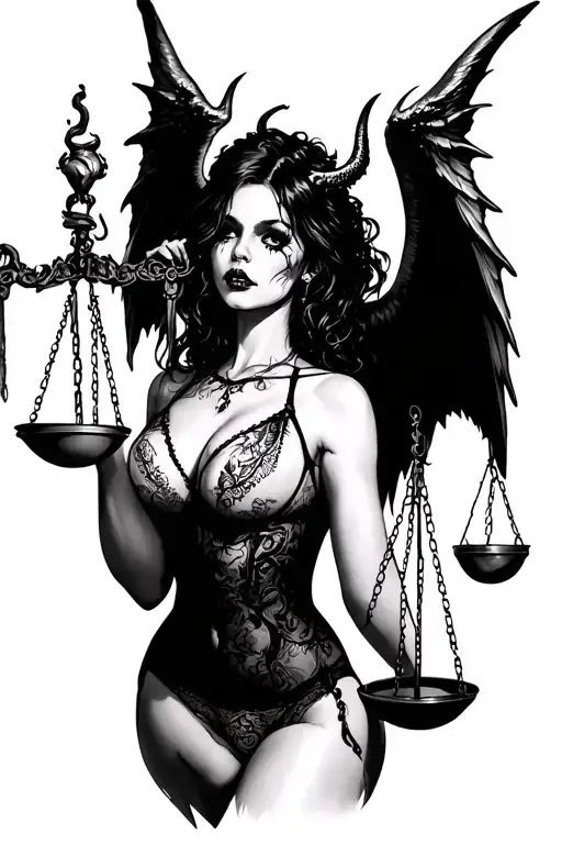 Scary Girl In Sexy Lingerie With Demon Wings Holds Scales Of Justice