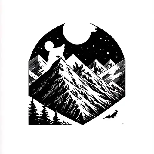 A Geometric Mountain Landscape With A Wolf Howling At The Moon In The Background