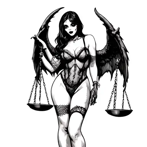 Scary Girl In Sexy Lingerie With Demon Wings Holds Scales Of Justice