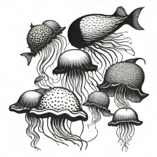 An Intricate Blackwork Design Of A Jellyfish Swimming Among A School Of Fish
