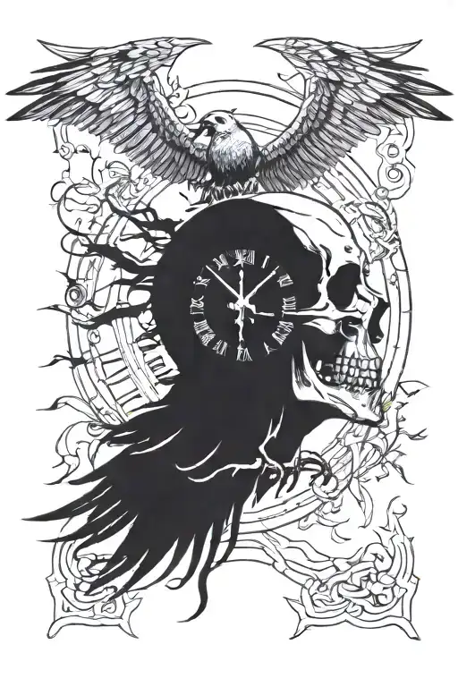 Skull Clock Raven Flying Forrest Mountain
