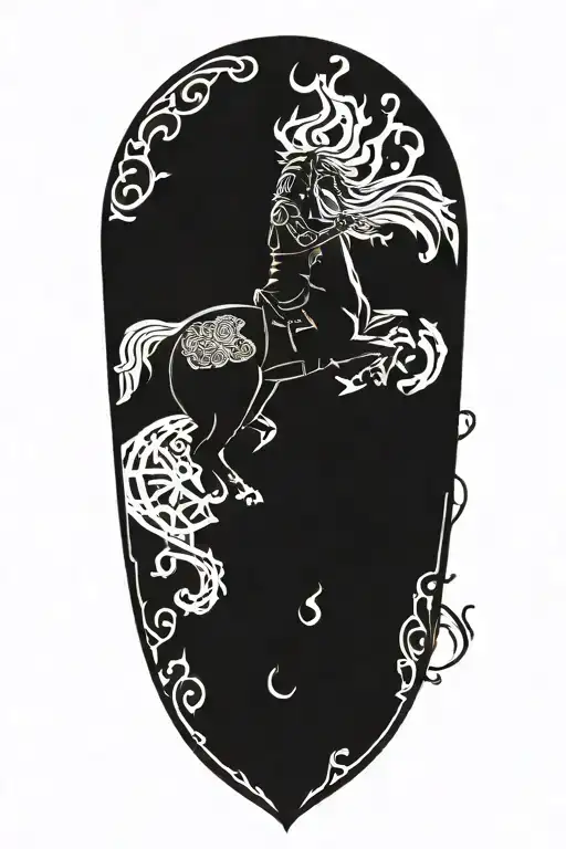 Incorporate Achaemenian Symbols And Motifs Into A Black Horse Rider Going Through Fire And Flames