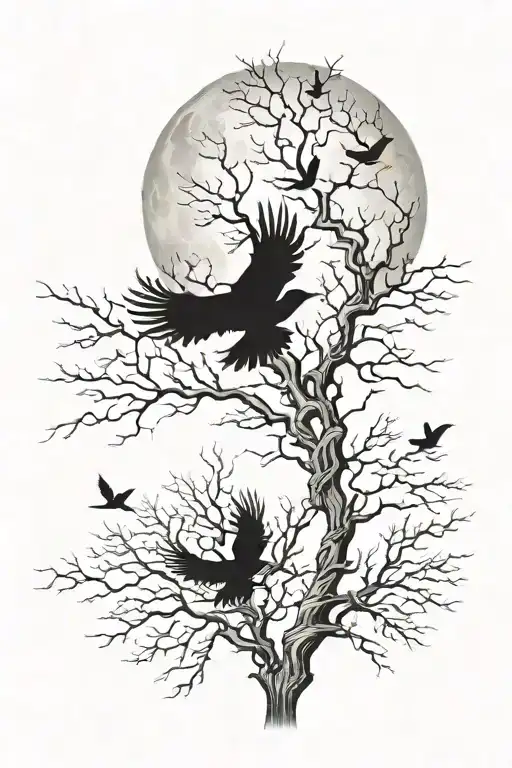 Design A Tattoo Of A Leafless Tree With A Full Moon Behind It And Ravens Flying Around It