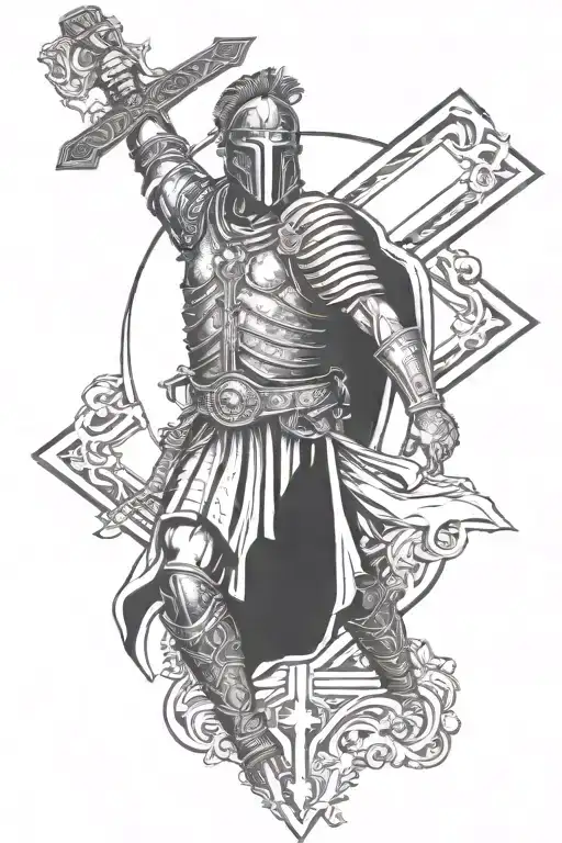 Roman Warrior In Front Of A Cross